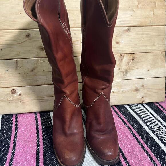 Vintage Made in Italy Genuine Leather Cognac Stacked Cowgirl Boots Womens 7.5 - Picture 2 of 8